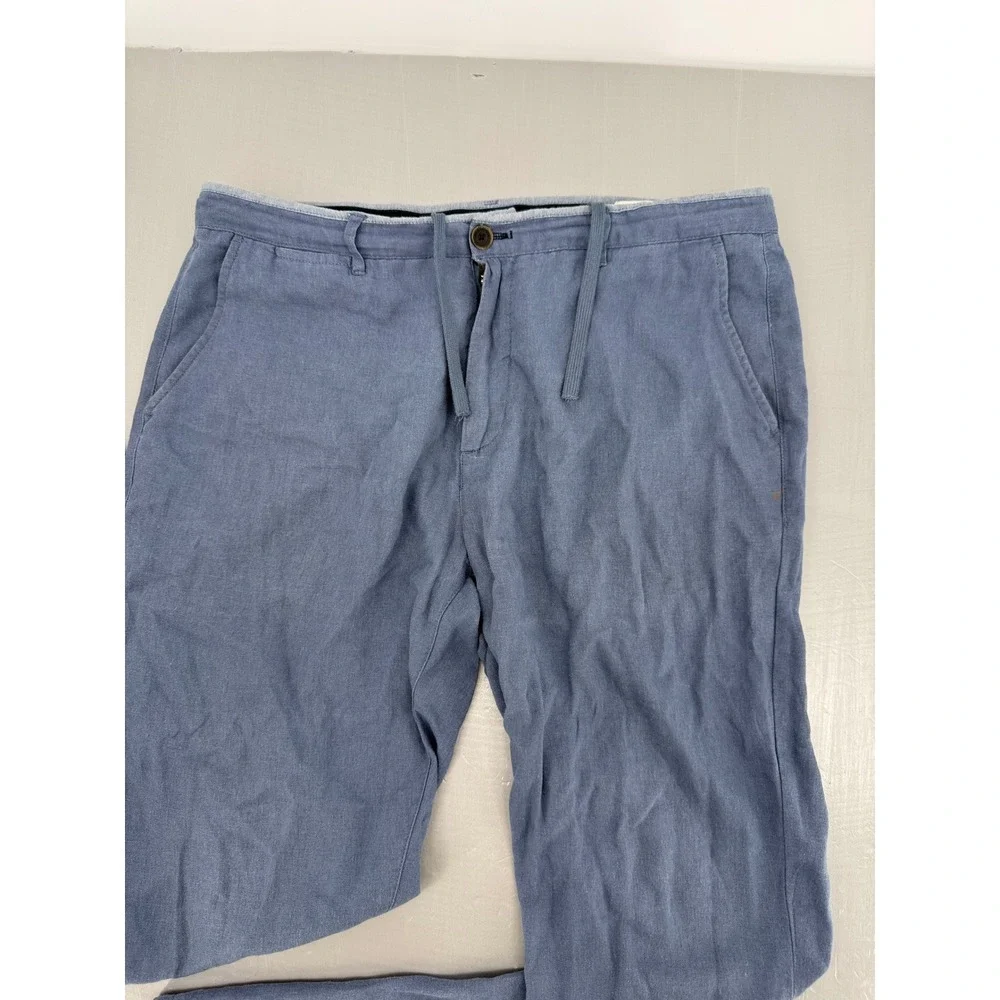 Springfield Mens Blue Linen‎ Blend Drawstring Chino Pants Straight Leg Casual L